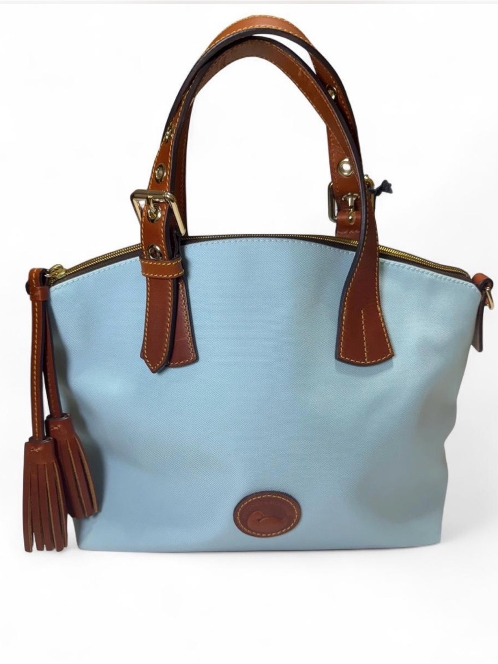 Dooney & Bourke Light Blue Canvas Tote with Brown Leather Trim and Tassel